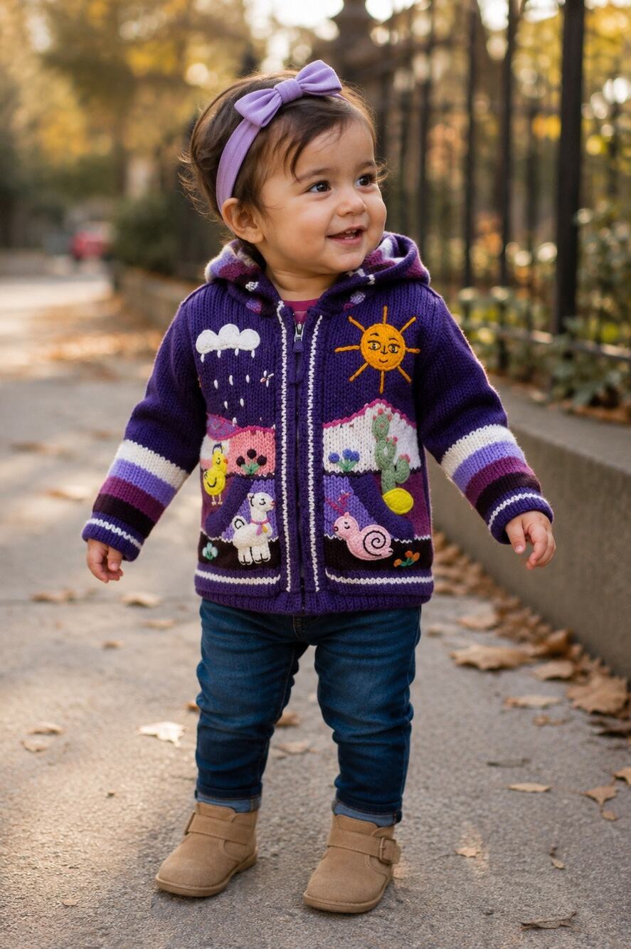 Peruvian Kids Girls Alpaca Wool Hand Knit Cardigan Hooded Sweater Full Zip 12 M